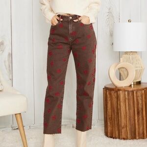 Brown Jeans with Red Floral Embroidery